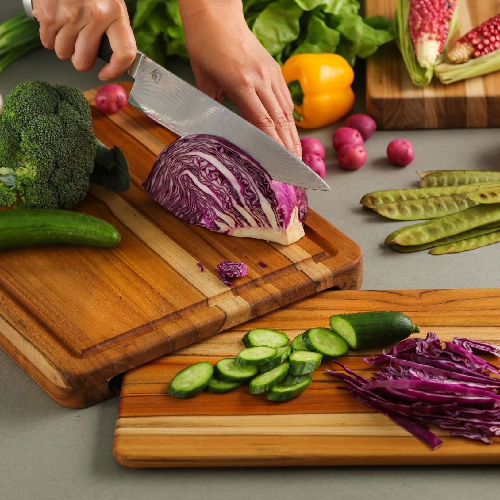 TeakHaus Edge Grain Cutting Board w/Small Board + Juice Canal (Rectangle) | 16" x 12" x 1.25" TeakHaus Edge Grain Cutting Board W/Small Board + Juice Canal (Rectangle) | 16" X 12" X 1.25" -All-Clad Shop 01.10 traditional 110 1