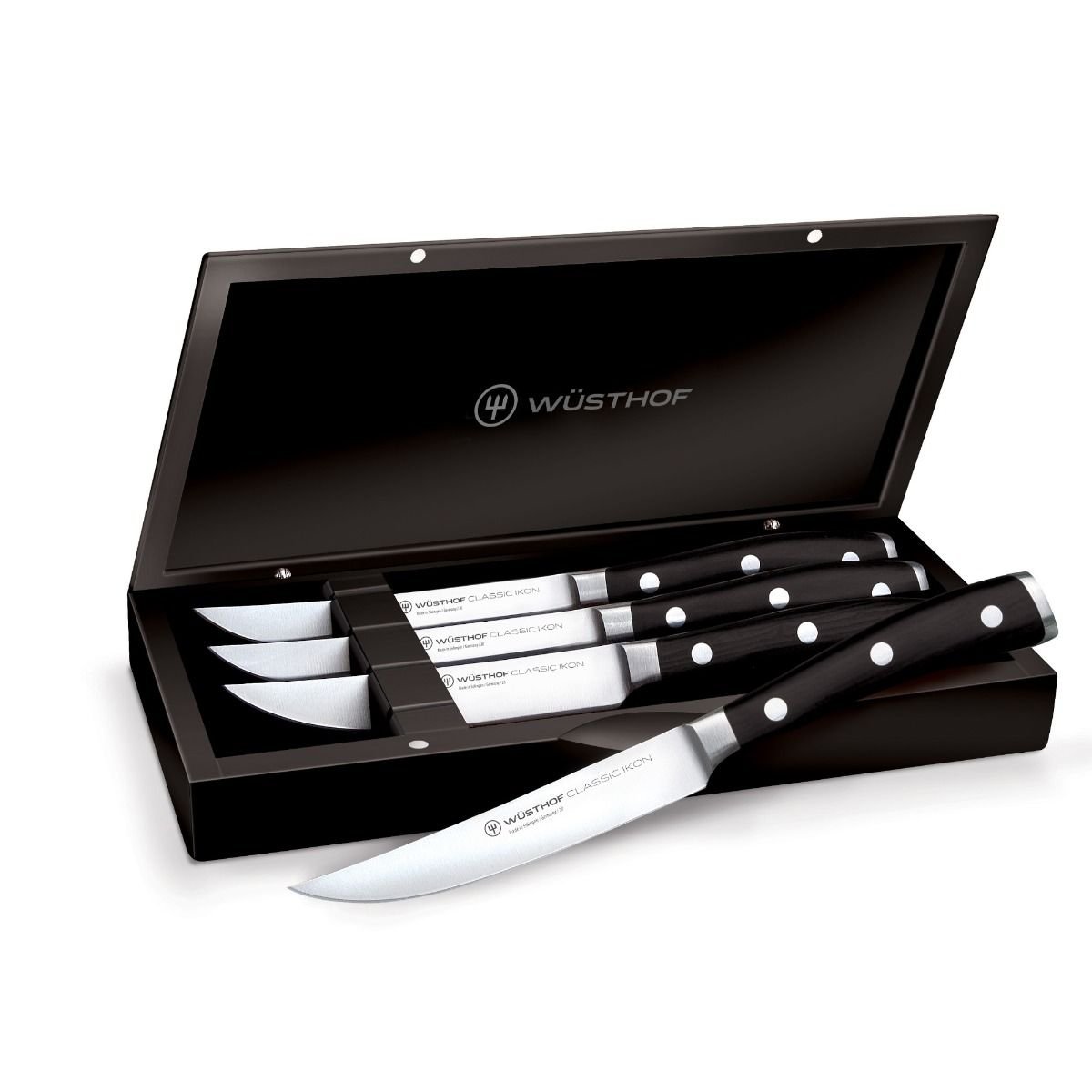 Wusthof Classic Ikon 4-Piece Steak Knife Set with Wood Box Wusthof Cutlery Wusthof Classic Ikon 4-Piece Steak Knife Set With Wood Box -All-Clad Shop 1060360401 clik 4pc steak set