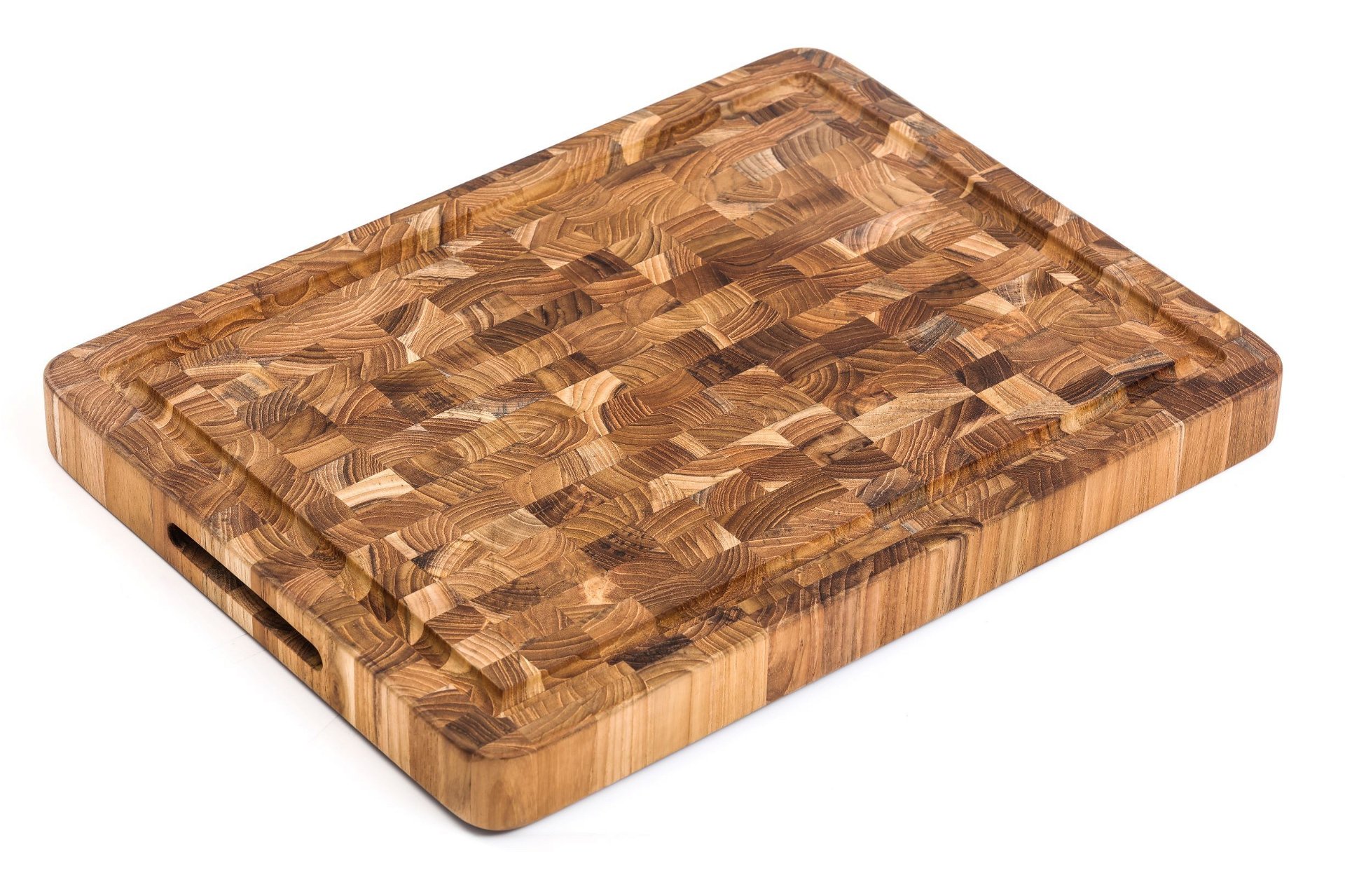 TeakHaus End Grain Cutting/Serving Board w/Hand Grip + Juice Canal (Rectangle) | 16" x 12" x 1.5" TeakHaus End Grain Cutting/Serving Board W/Hand Grip + Juice Canal (Rectangle) | 16" X 12" X 1.5" -All-Clad Shop 311 butcher