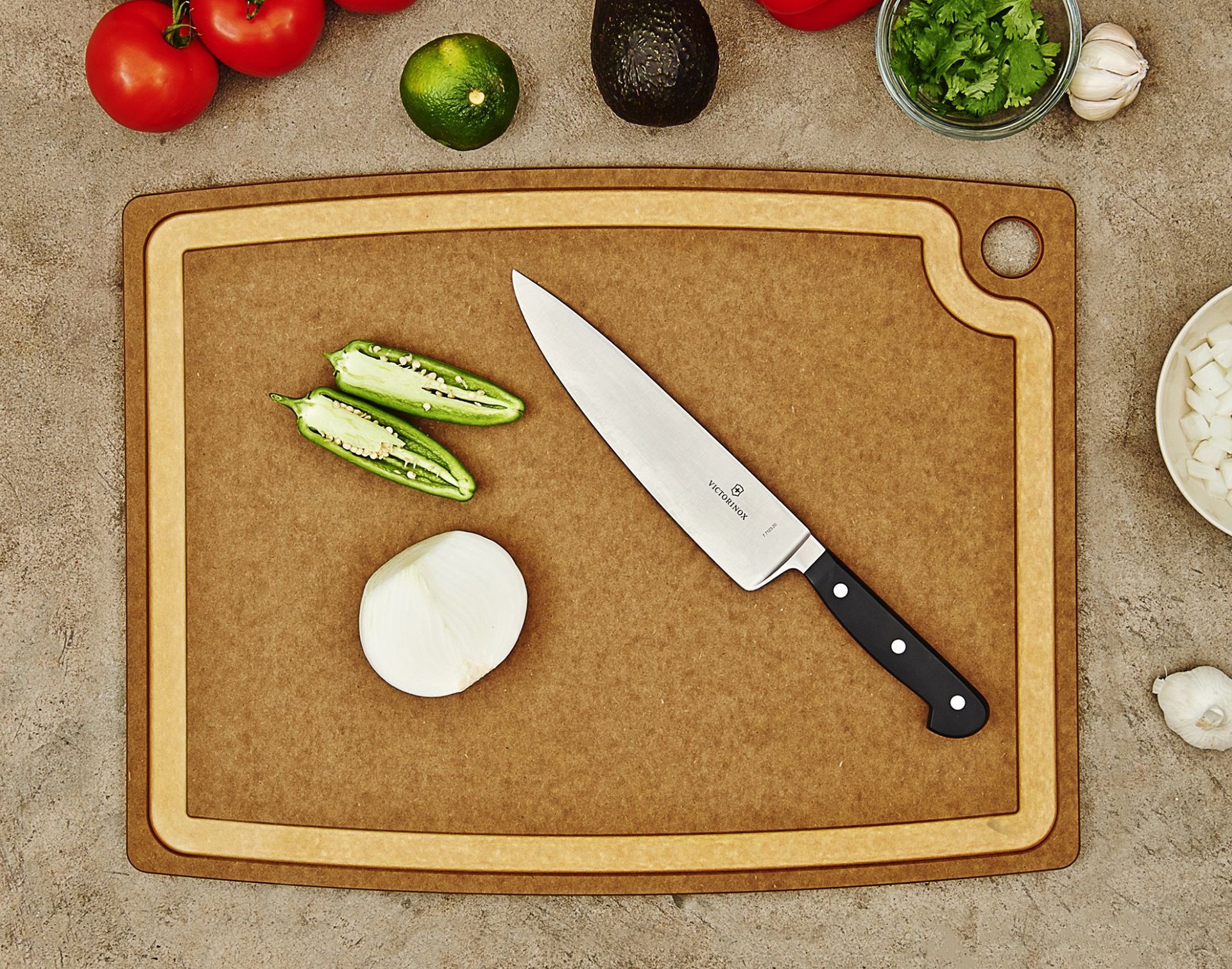 Epicurean Gourmet Series Nutmeg & Natural Cutting Board - 19.5" x 15" Epicurean Gourmet Series Nutmeg & Natural Cutting Board - 19.5" X 15" -All-Clad Shop epicurean cutting board gourmet series nutmeg natural 20x15 00320150301 env1