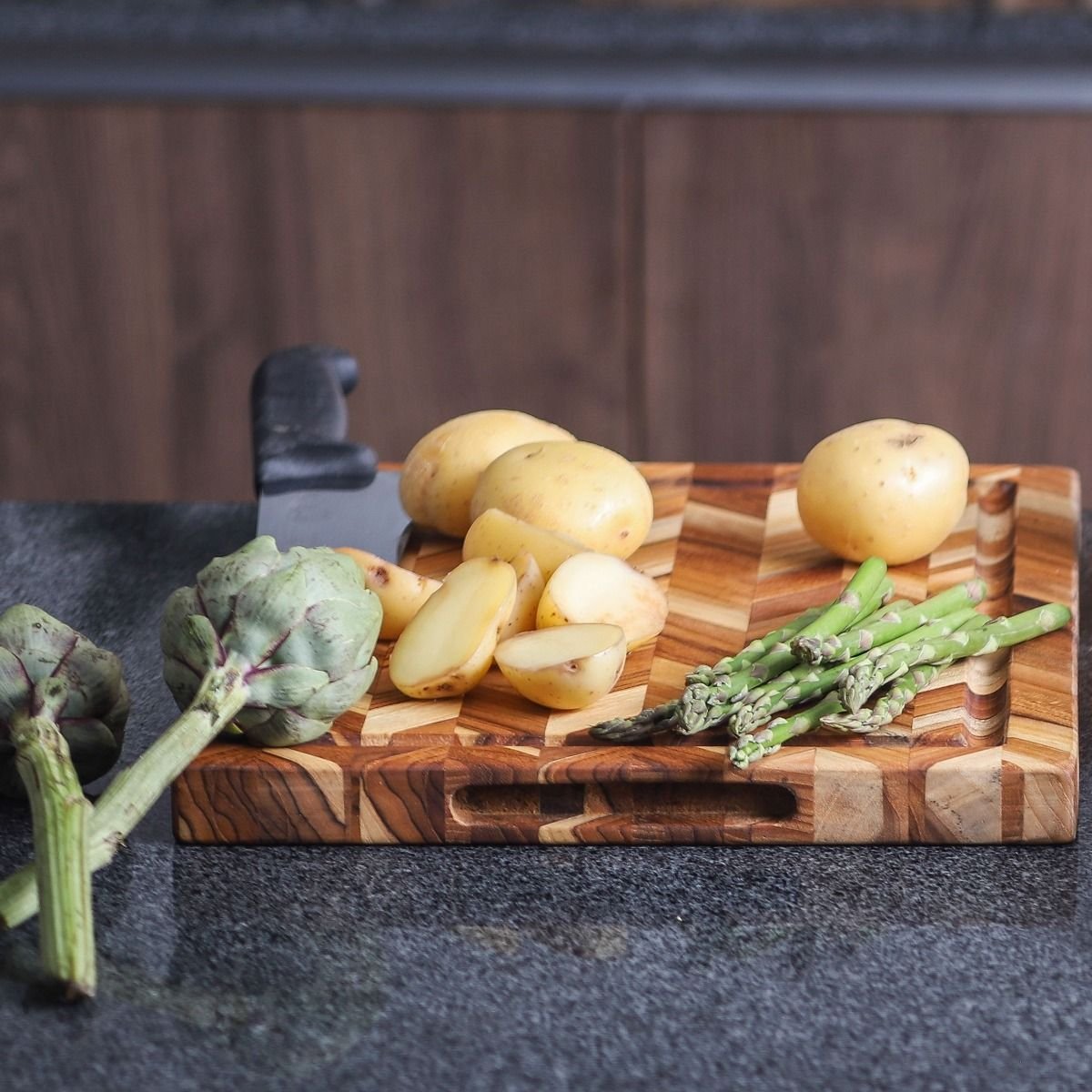 TeakHaus Herringbone End-Grain Cutting/Serving Board (Rectangle) | 14" x 10" x .9" TeakHaus Herringbone End-Grain Cutting/Serving Board (Rectangle) | 14" X 10" X .9" -All-Clad Shop qio0 bvs
