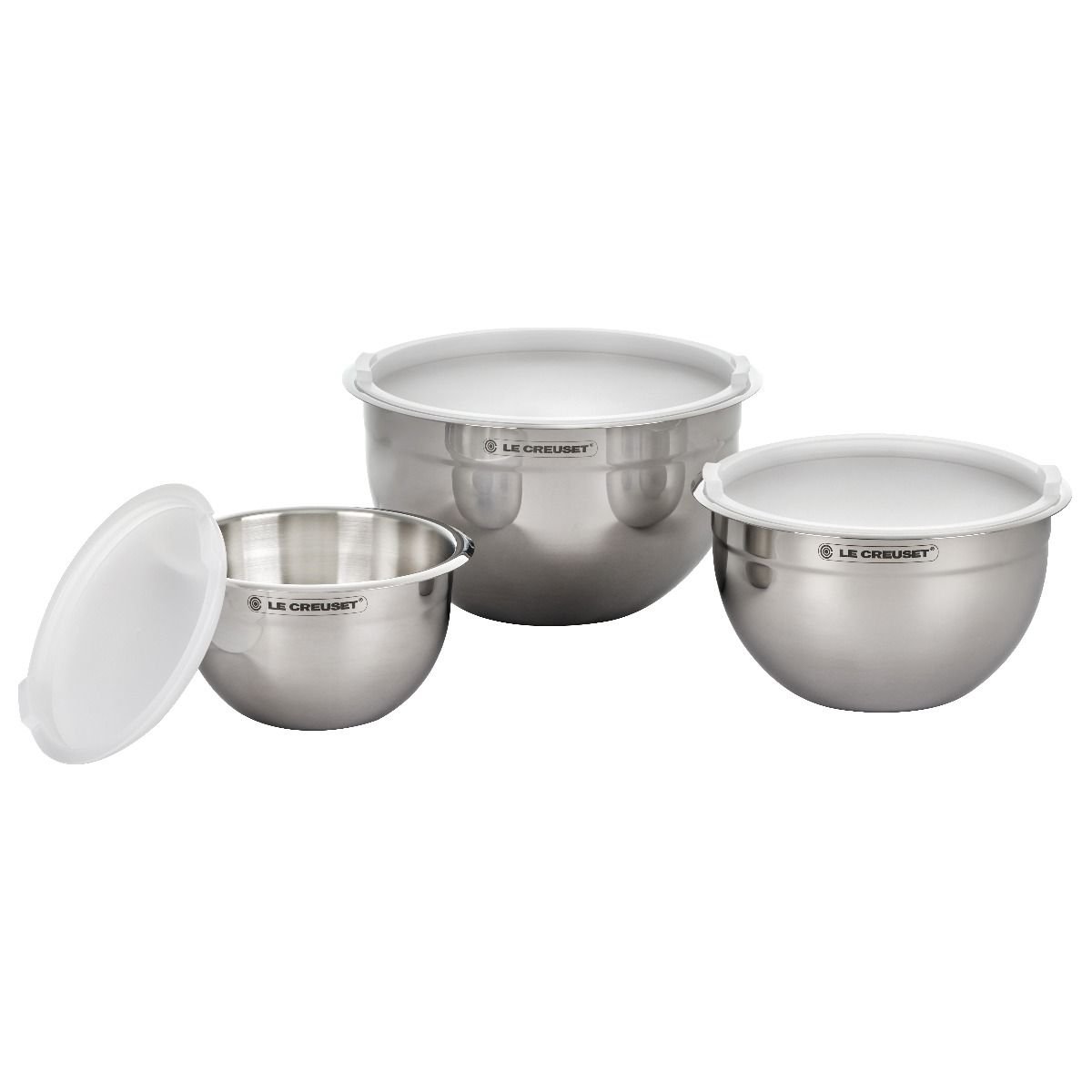 Le Creuset Nested Stainless Steel Mixing Bowls (Set of 3) Le Creuset Nested Stainless Steel Mixing Bowls (Set Of 3) -All-Clad Shop rs18824 stainlessbowls 1